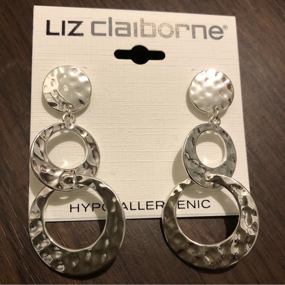 2” Liz Claiborne Hypoallergenic Silver Tone Round Circles Dangle earrings B22 - Picture 7 of 9
